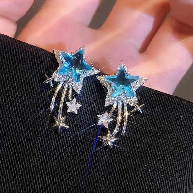 High-End Blue Zirconia Star Stud Earrings: Luxury, Versatile & Full Diamond Ear Ornaments