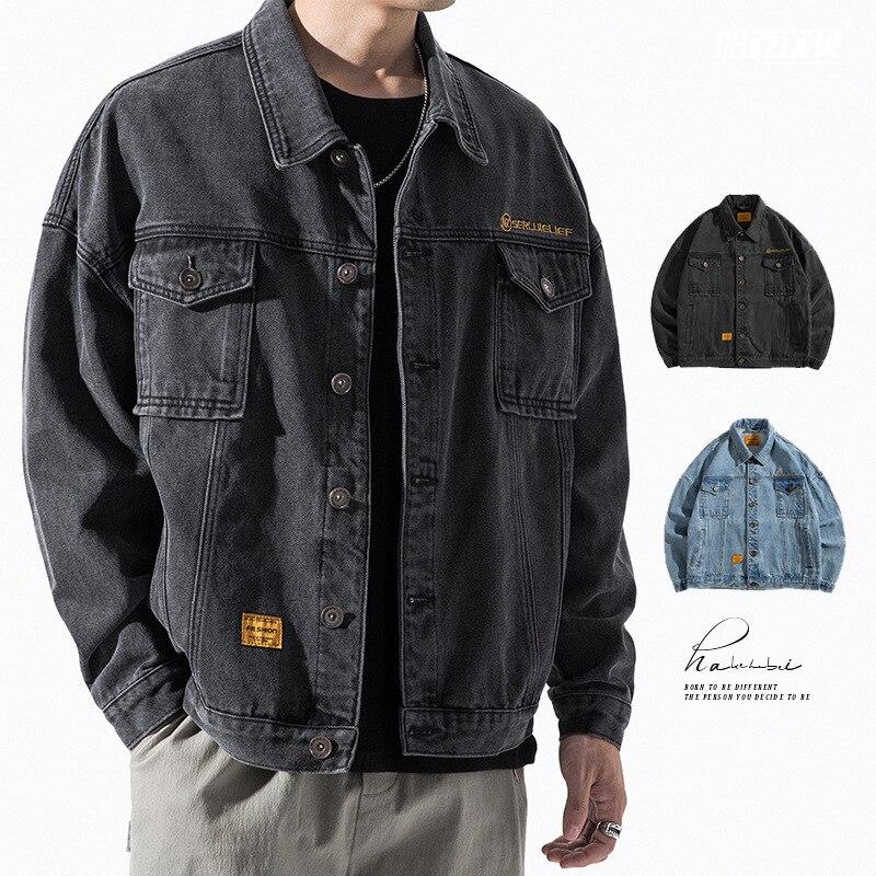 Giacca con tasche in denim Cappotto da tuta allentato selvaggio da studente di tendenza maschile
