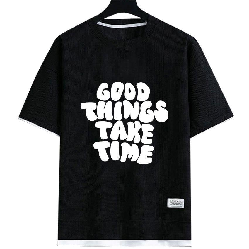 Mens T-shirt Summer Short Sleeves Waffle Tops Tee Shirt Polyester Round Neck Letter Printed Casual Tshirt Unisex Streetwear M чёрный