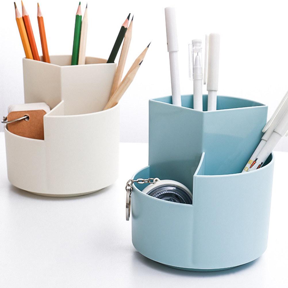Rotating Base 3-Compartment Pencil Holder for Cosmetics Makeup Brushes Lipstick Storage Desktop Organizing Box Home Office