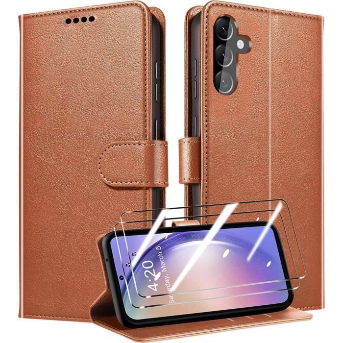 Coque de protection - samsung - galaxy a25 5g - cuir pu - antichoc - 2 verres trempés