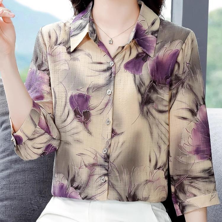 Blusa de manga 3/4 para verano y otoño, nueva ropa de mujer a la moda, camisa con cuello vuelto y estampado para mamá, tallas M a 5XL