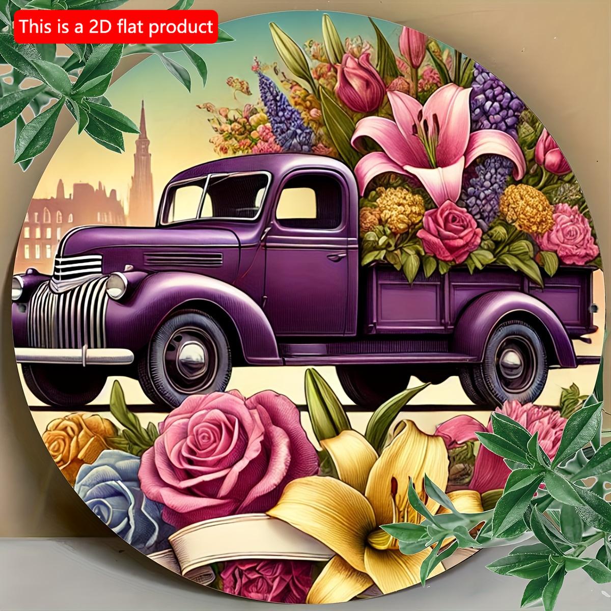 

2d Flat 20*20cm Purple Vintage Truck Filled with Flowers, Circular Wooden Sign, Garden, Kitchen, Office, Bedroom Decoration, Wooden Material 20*20cm