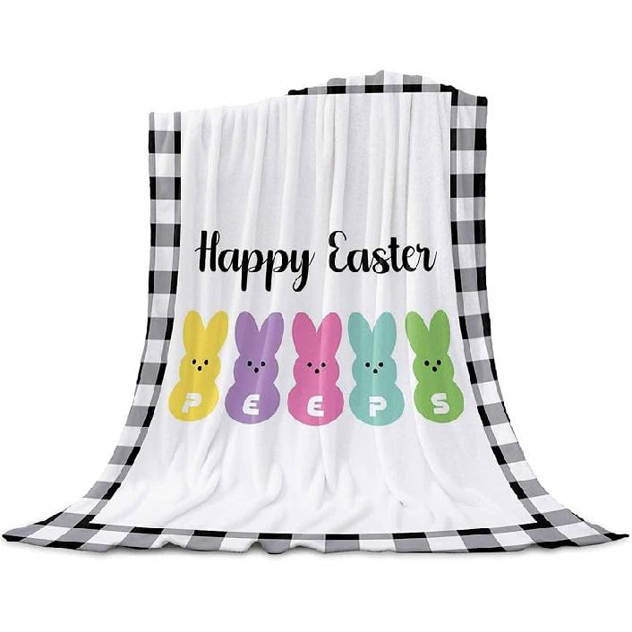 ALAGEO Easter Throw Blanket Happy Easter Peeps Lightweight Cozy&Soft Plush Blankets Bunny Black Buffalo Plaid Bed Blanket for Bed Couch Sofa Bedroom 40x50inch