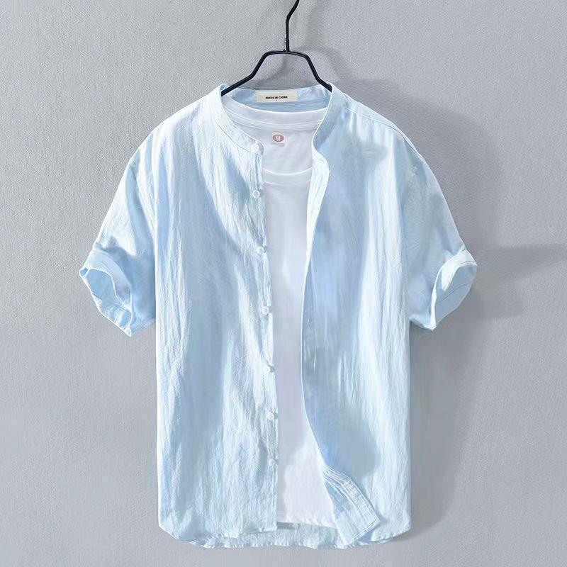Men's Chinese Style Linen Stand Collar Short-Sleeve Shirt - Summer Casual, Loose Fit