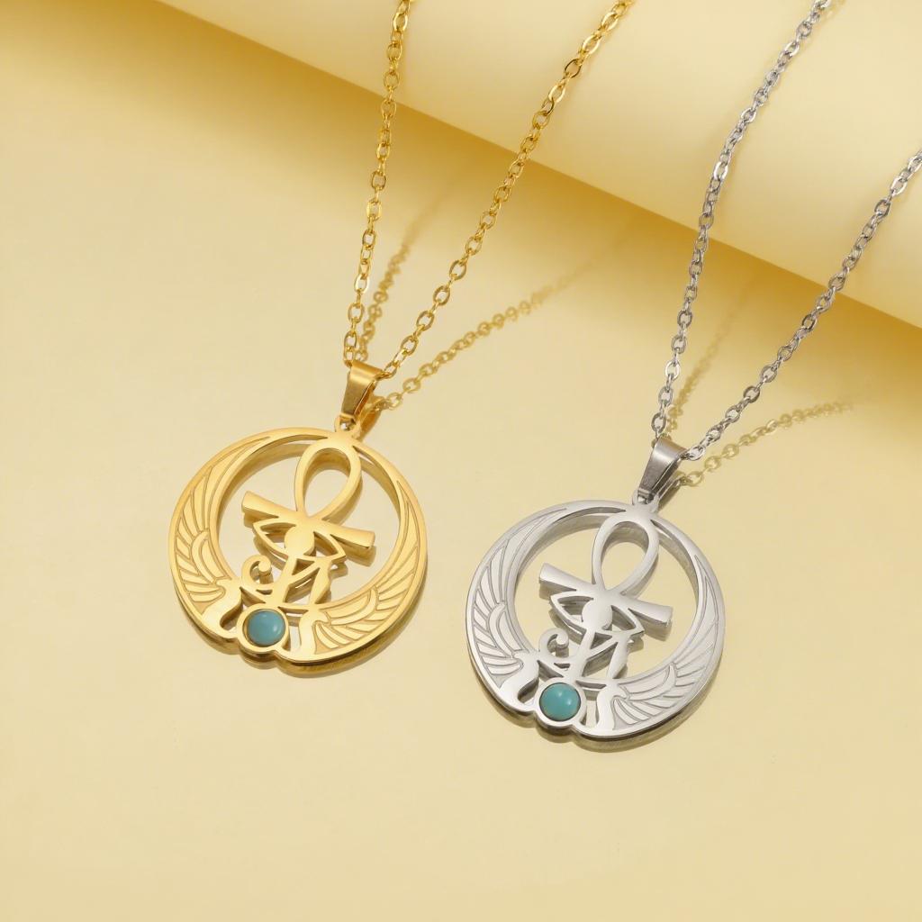 Xiaomi Skyrim Eye of Ra Horus Ankh Cross Pendant Necklaces with Turquoise Women Stainless Steel Amulet Egyptian Jewelry Gift