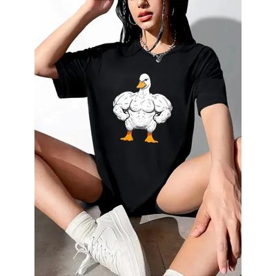 Funny Duck Print Casual Sports Printed T-shirt Woman Round Neck Running Fitness Short Sleeves Tops Women's Activewear Fashion
