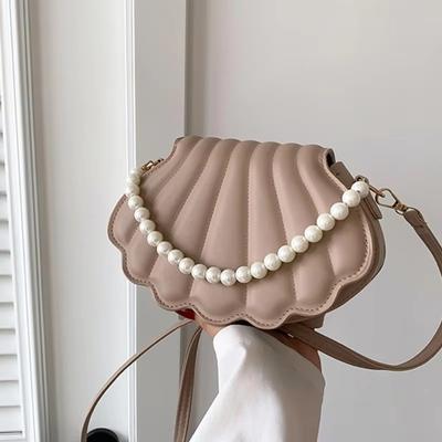 Women's Shell Shape Crossbody Bag, Faux Pearl Chain Mini Shoulder Purse, Elegant Candy Color Evening Handbag