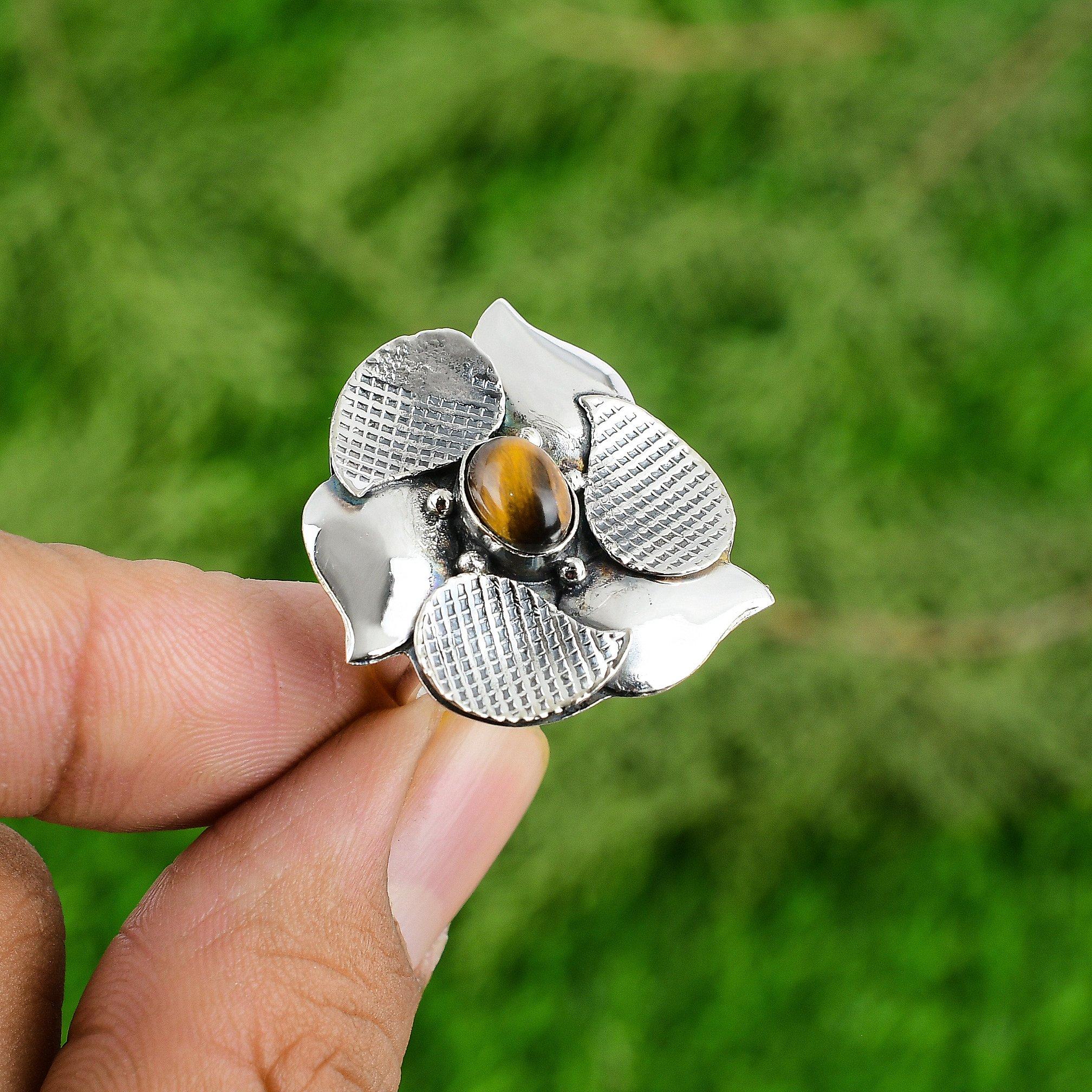 

Gift For Women Statement Flower Adjustable Ring 925 Silver Natural TigerS Eye Adjustable