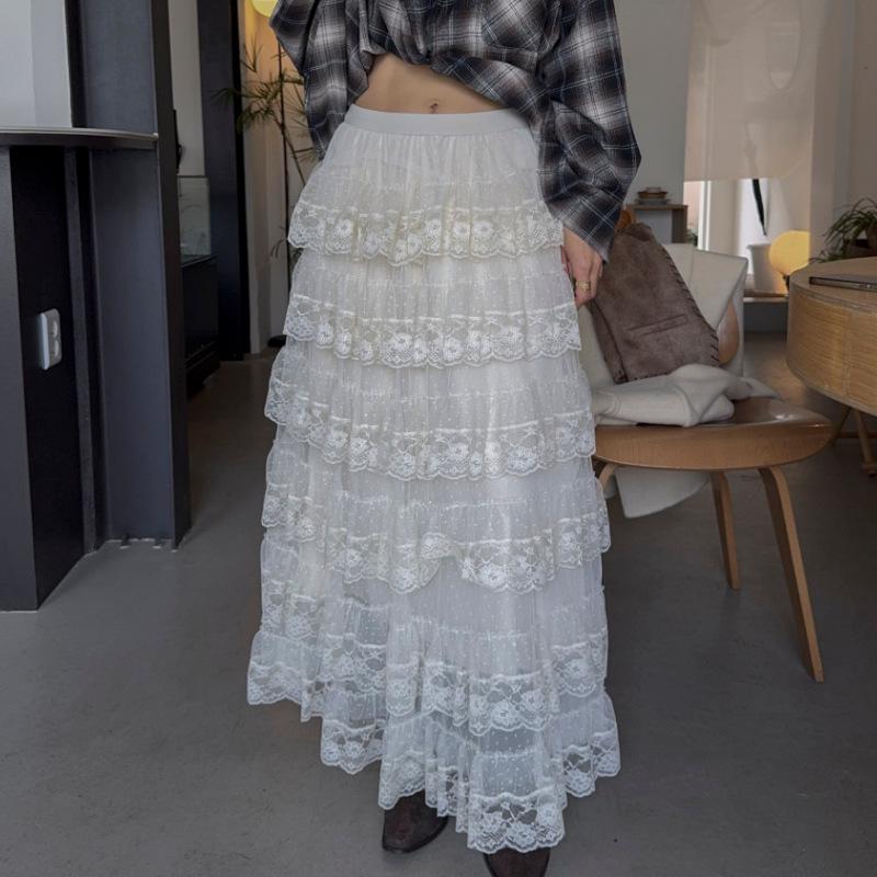 2026 Early Spring Sweet Lace Mesh Layered High Waist Skirt for Women
