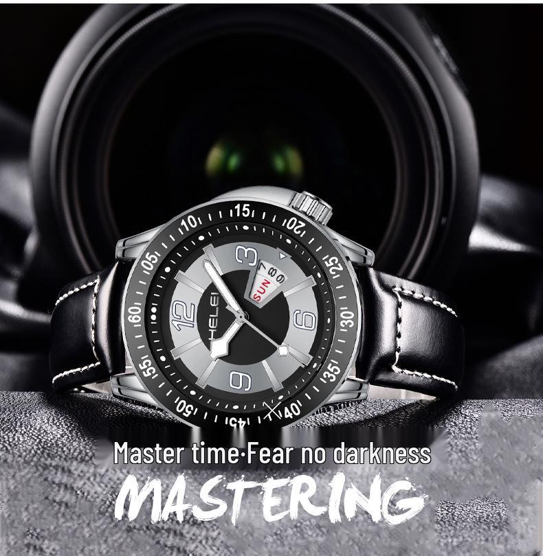 HELEI Men's Luminous Quartz Watch: Waterproof with Genuine Leather Band.