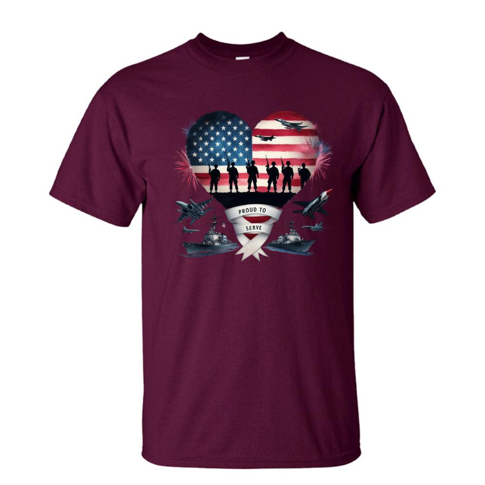 Proud To Serve Heart Flag Troop Silhouette Warship Jet Fighter Graphic Print Unisex Cotton T Shirt Patriot Military Casual Tops