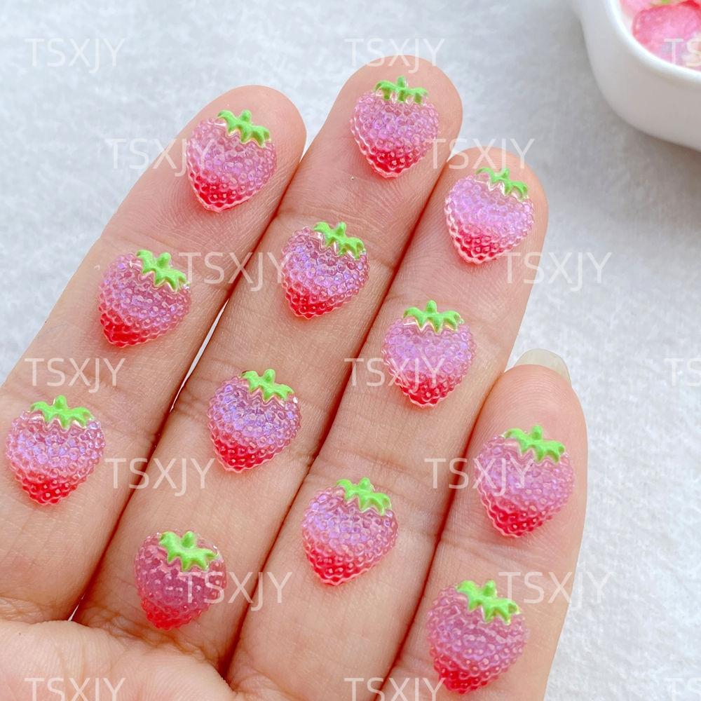 50pcs pink 3D Strawberry Cute Nail Charms Flatback Resin Rhinestone Gems Red Strawberry Designs Nail Decoration Jewelry