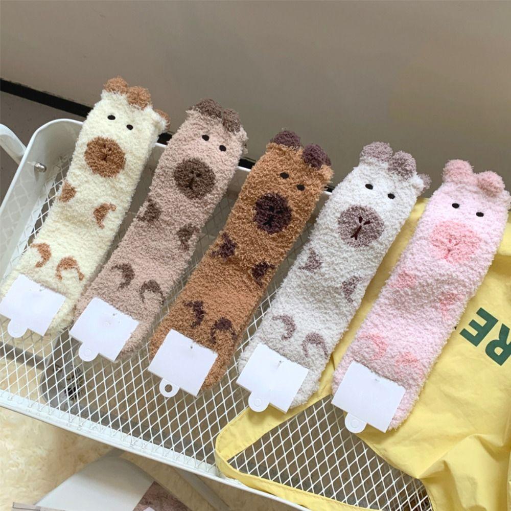 5Pairs Warm Capybara Fleece Socks Thicken Winter Floor Socks Cute Coral Fleece Socks  Girls