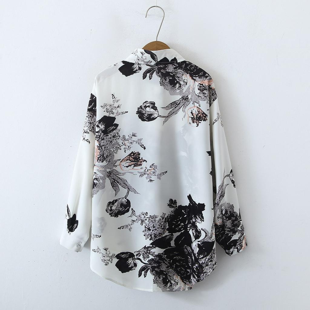 Autumn Retro Simple Printed Long-sleeved Satin Shirt Women