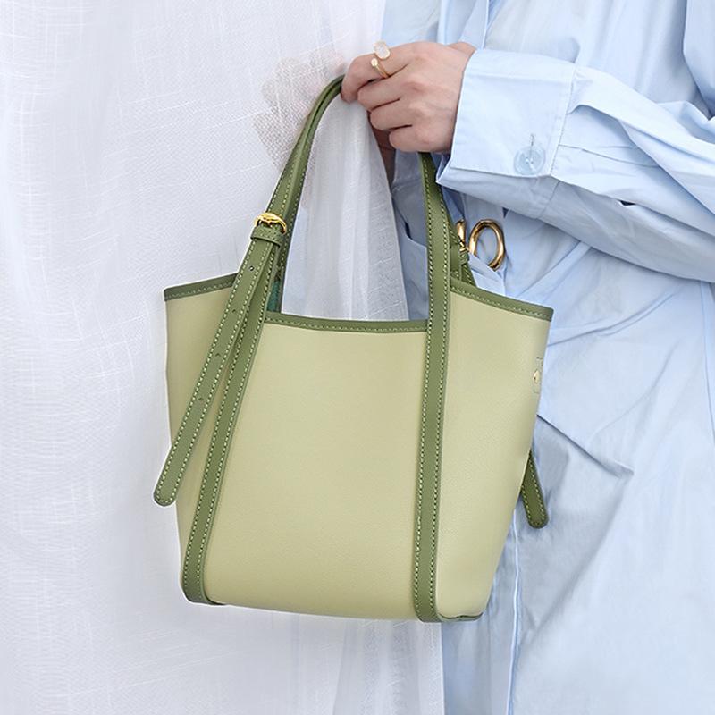 Spring/Summer Niche Genuine Leather Women's Bag Tote Bag Green Small Fresh Bucket Bag Hand Bill Shoulder Underarm Bag