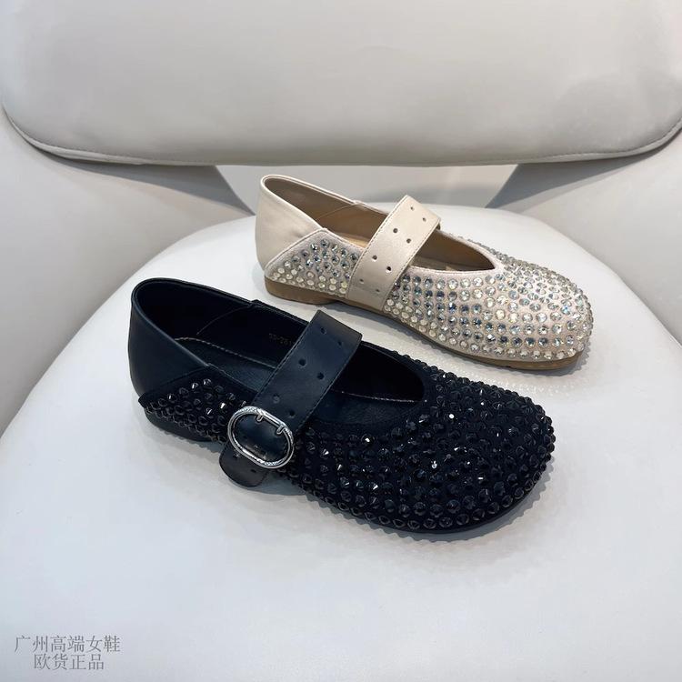 [Armano] Mary Jane shoes women's round head full diamond 2025 new soft surface comfortable one-word buckle flat shoes