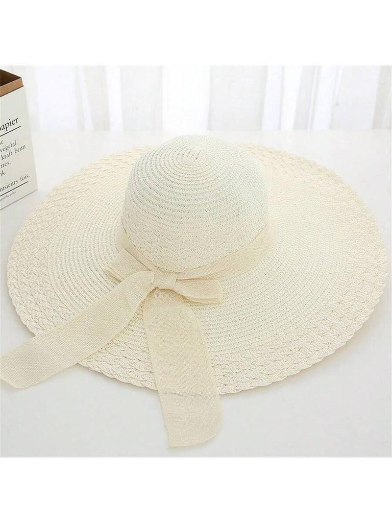 Women Wide Brim Straw Sun Hat With Bow Beach Travel Summer Hat