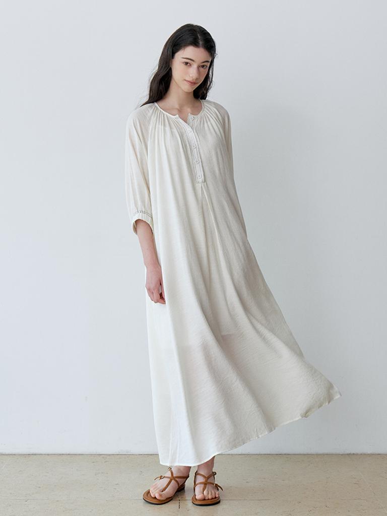 Le Studio Natural Shirred Long Dress + Belt Set (Iv)