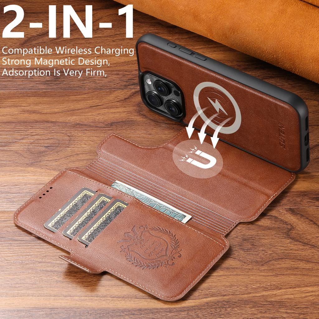 SUTENI Q-07 For iPhone 15 Pro Case Magnetic Color Splicing Cowhide Texture Leather Cover