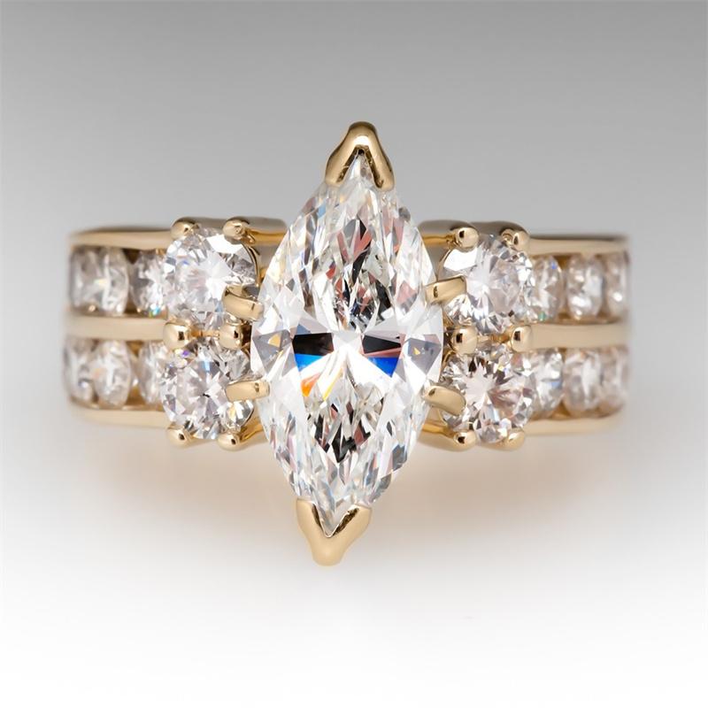 Huitan Luxury Gold Color Marquise Cubic Zirconia Rings Women for Wedding Bands Accessory Anniversary Gift Fashion Party