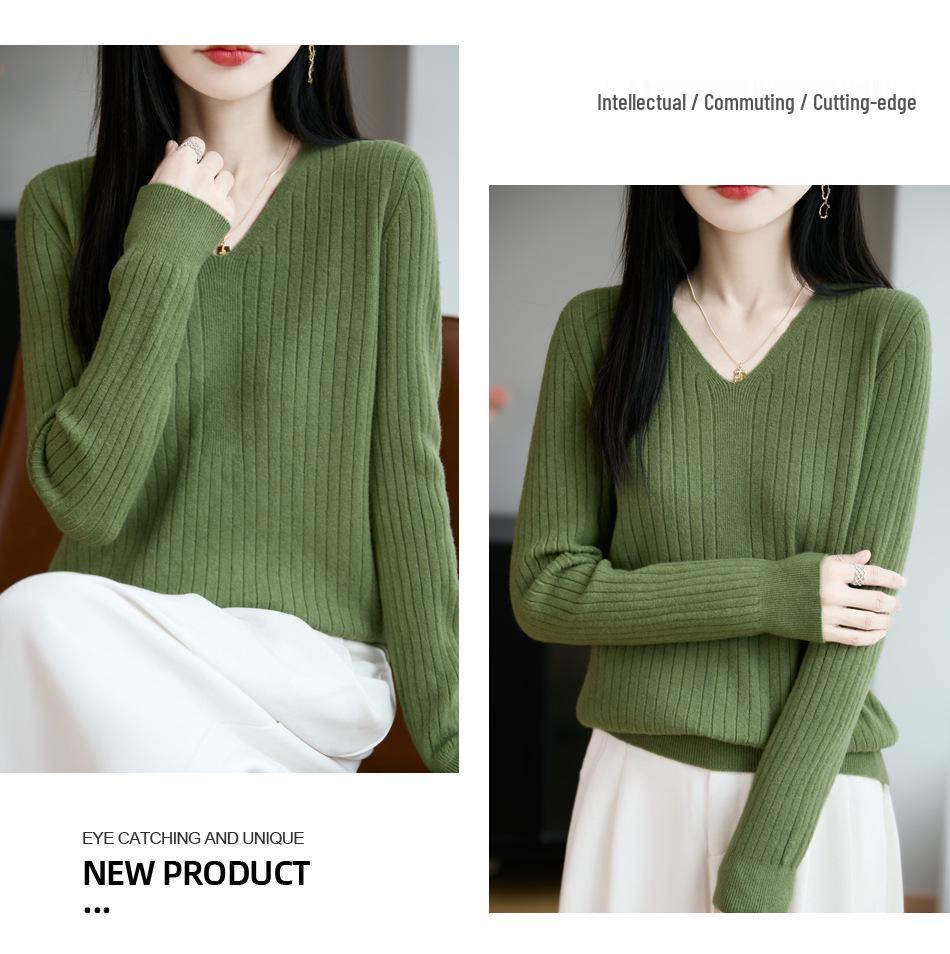 Temperamental Minimalist Women's V-neck Slimming Sweater - Soft, Casual, Skin-friendly Knitted Base for Autumn/Winter.
