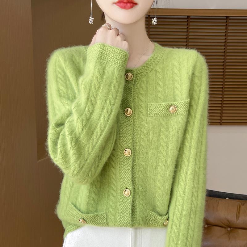 New Autumn and Winter Style Pure Wool Round Neck Knitted Cardigan for Women's Fashionable Versatile and Comfortable Cashmere Sweater Jacket