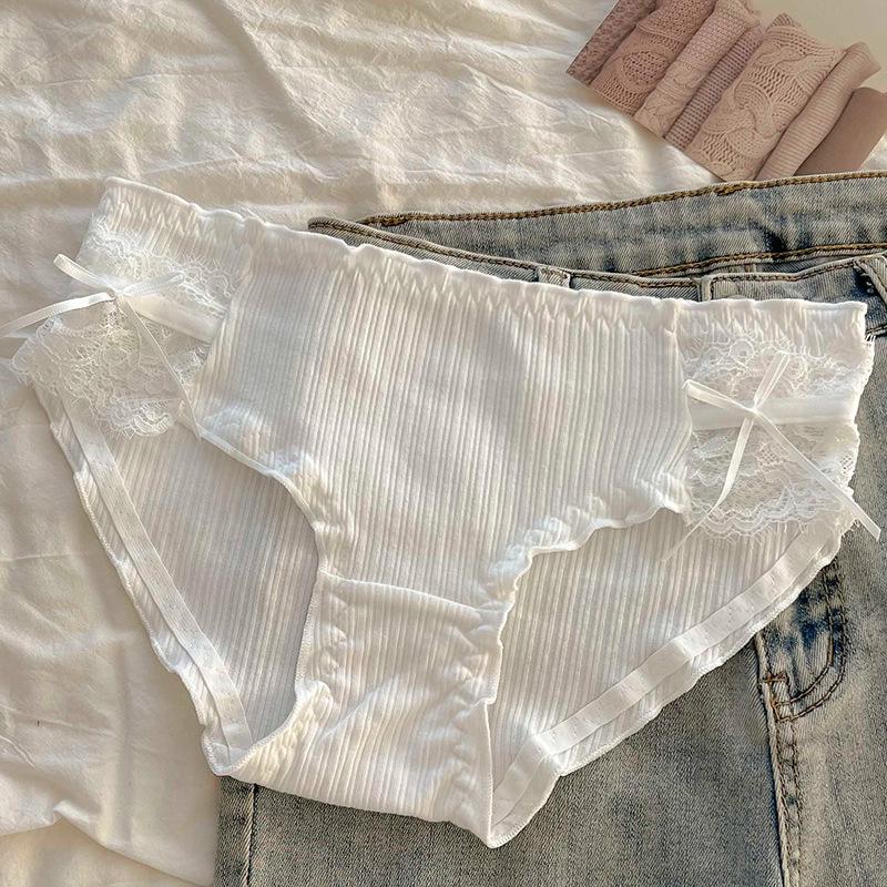 Sweet Lace Antibacterial Women's Elegant Cotton Mid-Waist Bow Briefs