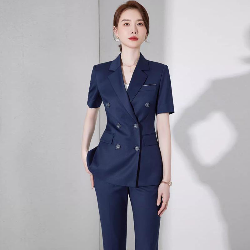 Navy Blue Short Sleeve Double-Breasted Professional Suit Set