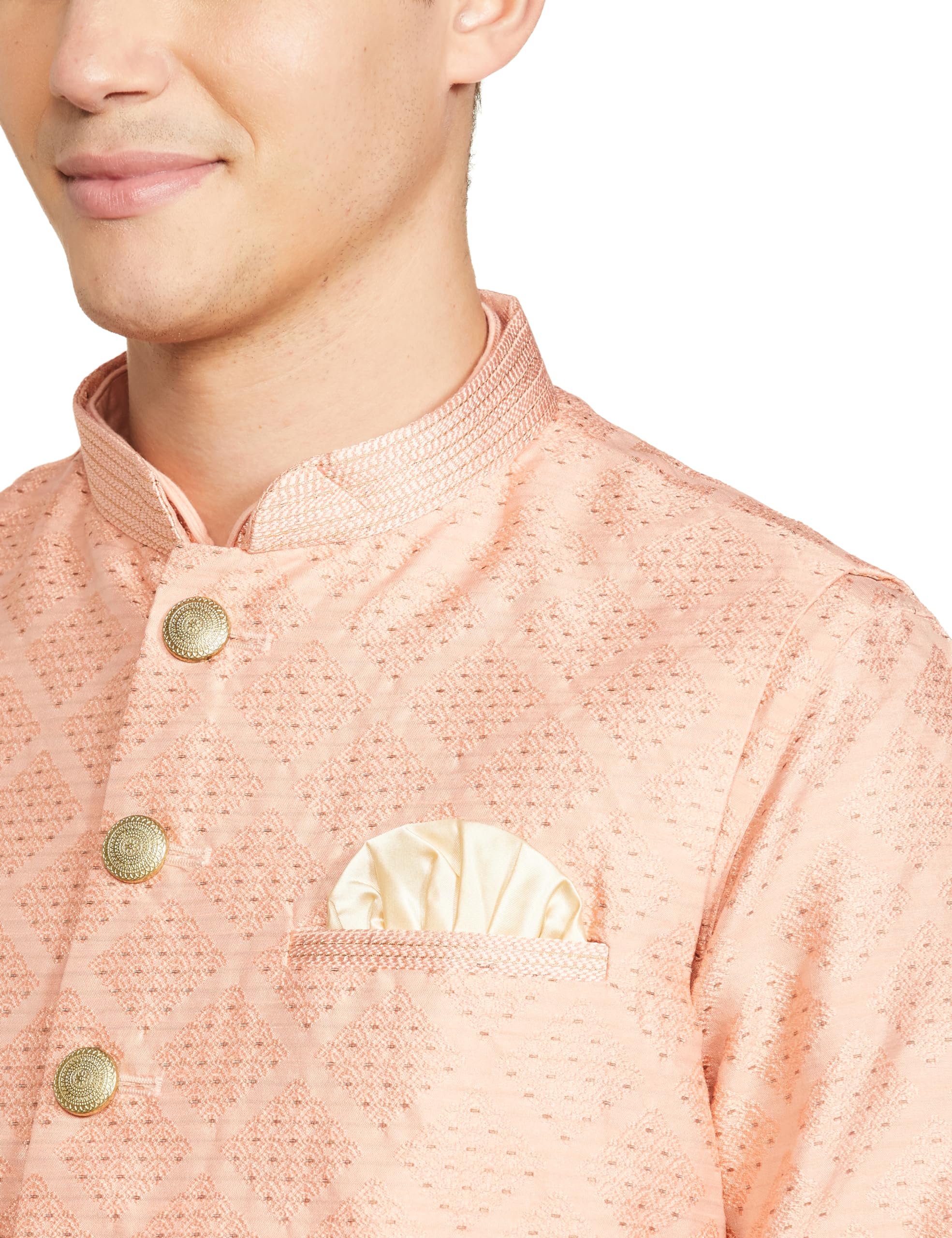 Manyavar Peach Art Silk Self design Celebration Kurta Jacket Set with Mandarin Collar S персиковый