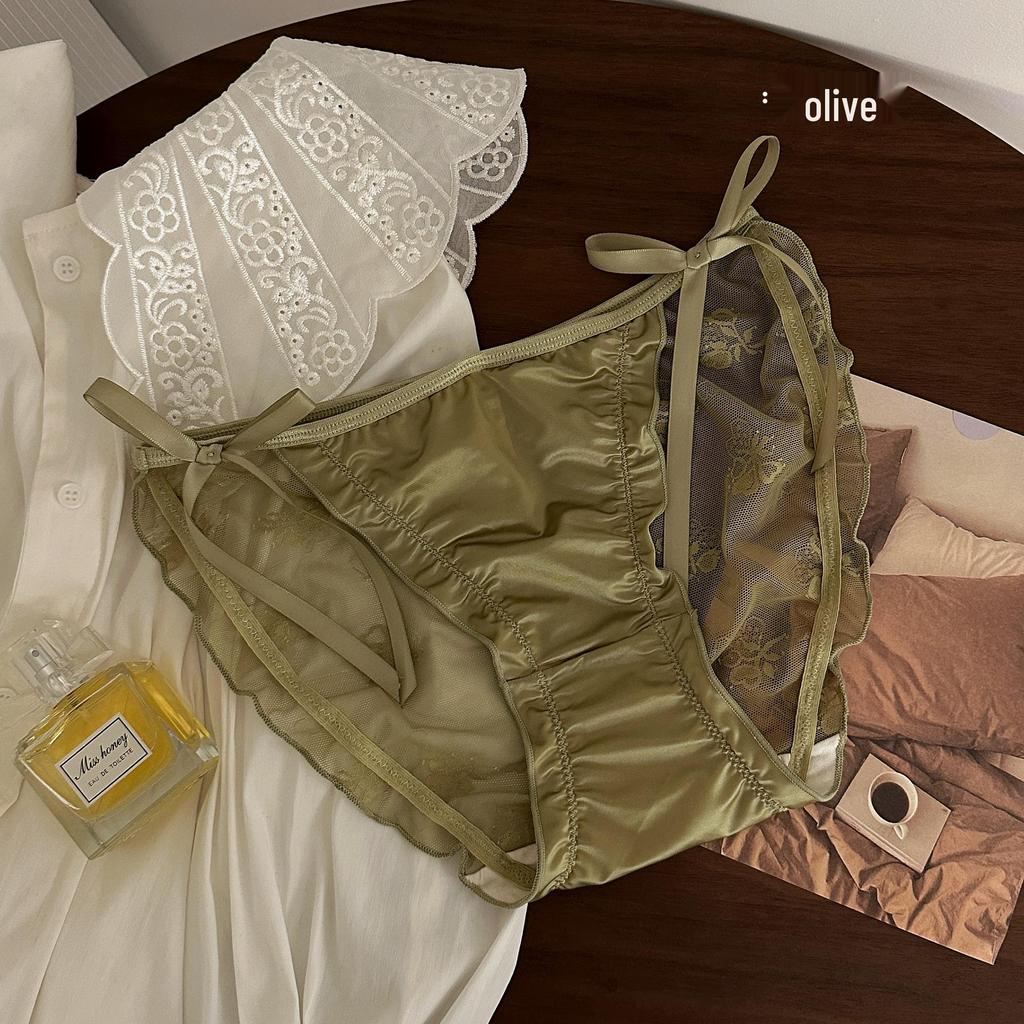 Silk Satin Lace Bow Mesh Women's Semi-Sheer Hip-Wrap Briefs