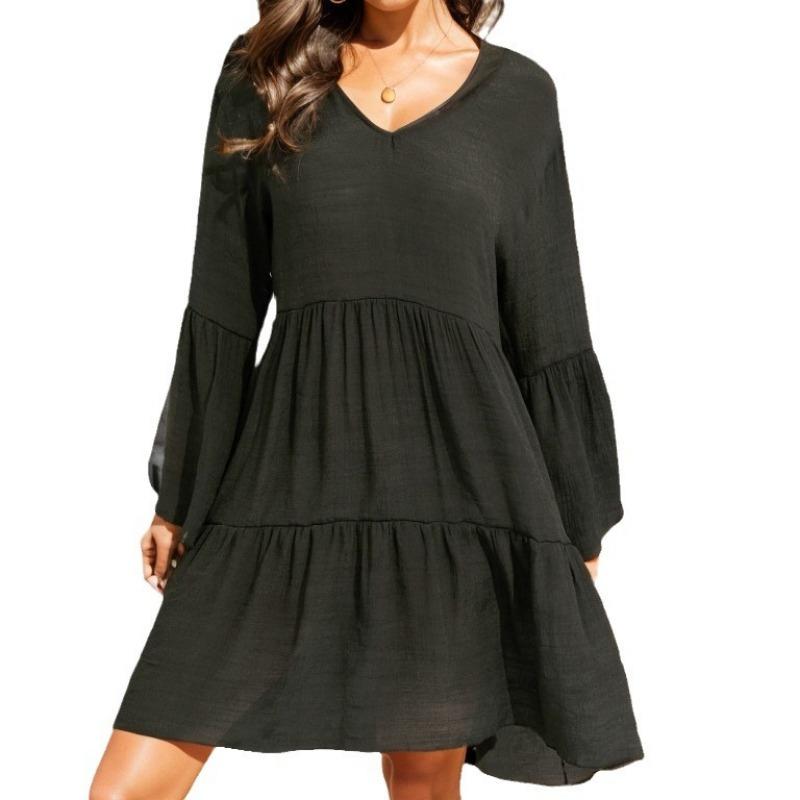 New Black Chiffon Medium and Long Horn Sleeves Fashionable Black Ruffle Edge Beach Bikini Blouse