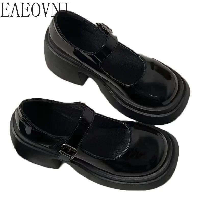 Mados platforma „Mary Jane“ batai 2024 m. Nauji moteriški batai Moteriški stori kulnai Madingi gatvės „Lolita“ batai, apvalūs pirštai, kulkšnies dirželiai