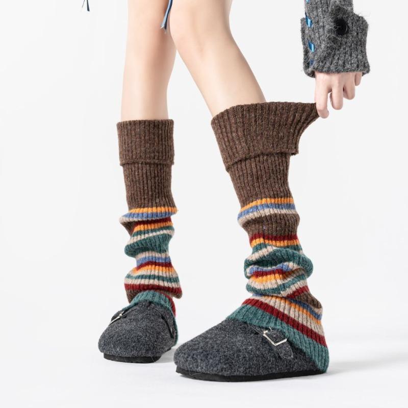 Wool Sock Sleeves - Women's Fall and Winter Warm Knitted Pile Socks with Retro Stripes - Long Tube Leg Coverings for Protecting The Legs