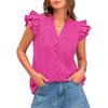 Women European Style Casual Summer Hollow Out Embroidery Flounce Sleeve V Neck Shirt