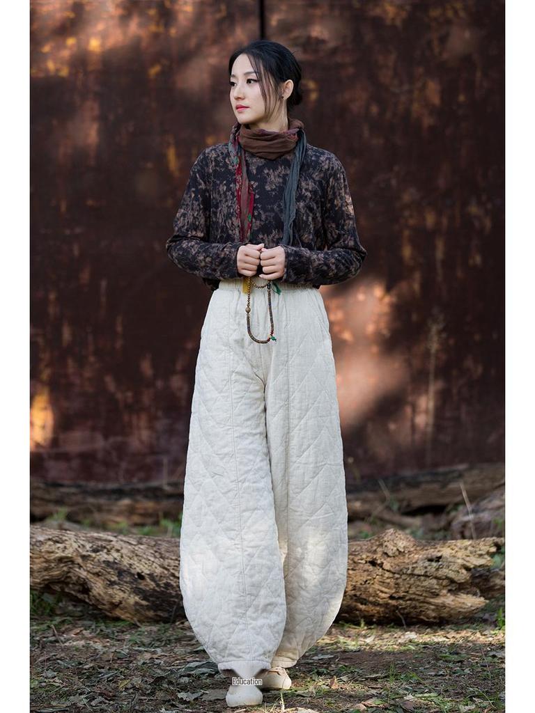 2025 Winter Women's Retro Quilted Diamond Pattern Lantern Pants - Thick Warm Cotton Linen