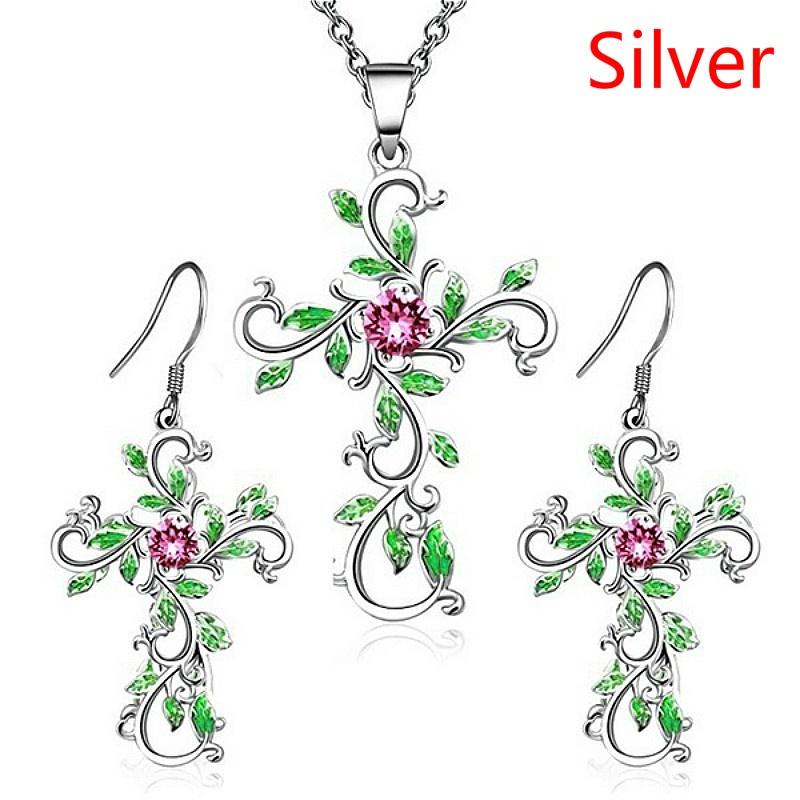 Flower Cross Pendant Necklace Earrings Jewelry Set for Women Gifts