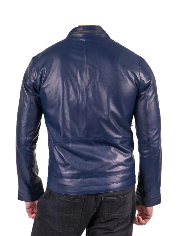 Blaue Herren Lederjacke Handgemacht Echtes Lammfell Motorrad Biker Weich Lässig Stilvoll