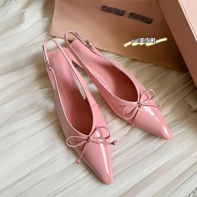 

Ограничено годом Змеи! Французские вечерние сандалии летние женские легкий бант острый носок низкий каблук с юбкой шпилька 39 розовый