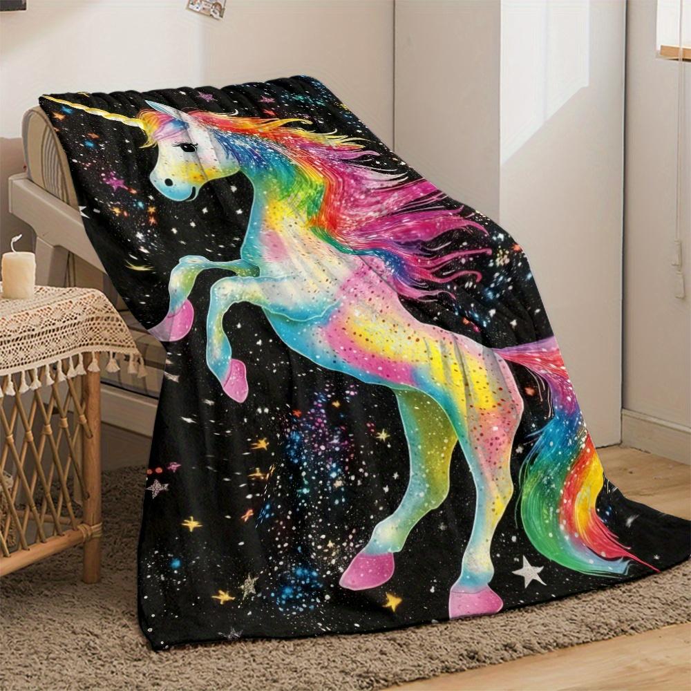 Rainbow Unicorn Starry Night Magical Fantasy Blanket Unicorn Lover Blanket Soft Plush Blanket for Kids Room Decor Gift Idea