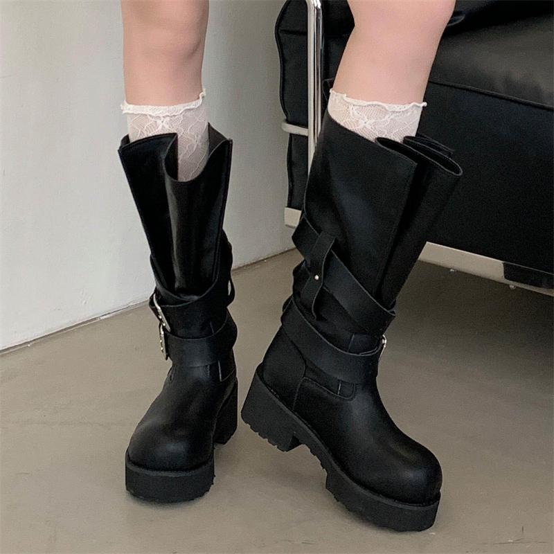 Eilyken Designer Round Toe Woman Knee High Boots Square Heels Buckle Strap Long Booties Comfortable Shoes Zapatos Mujer