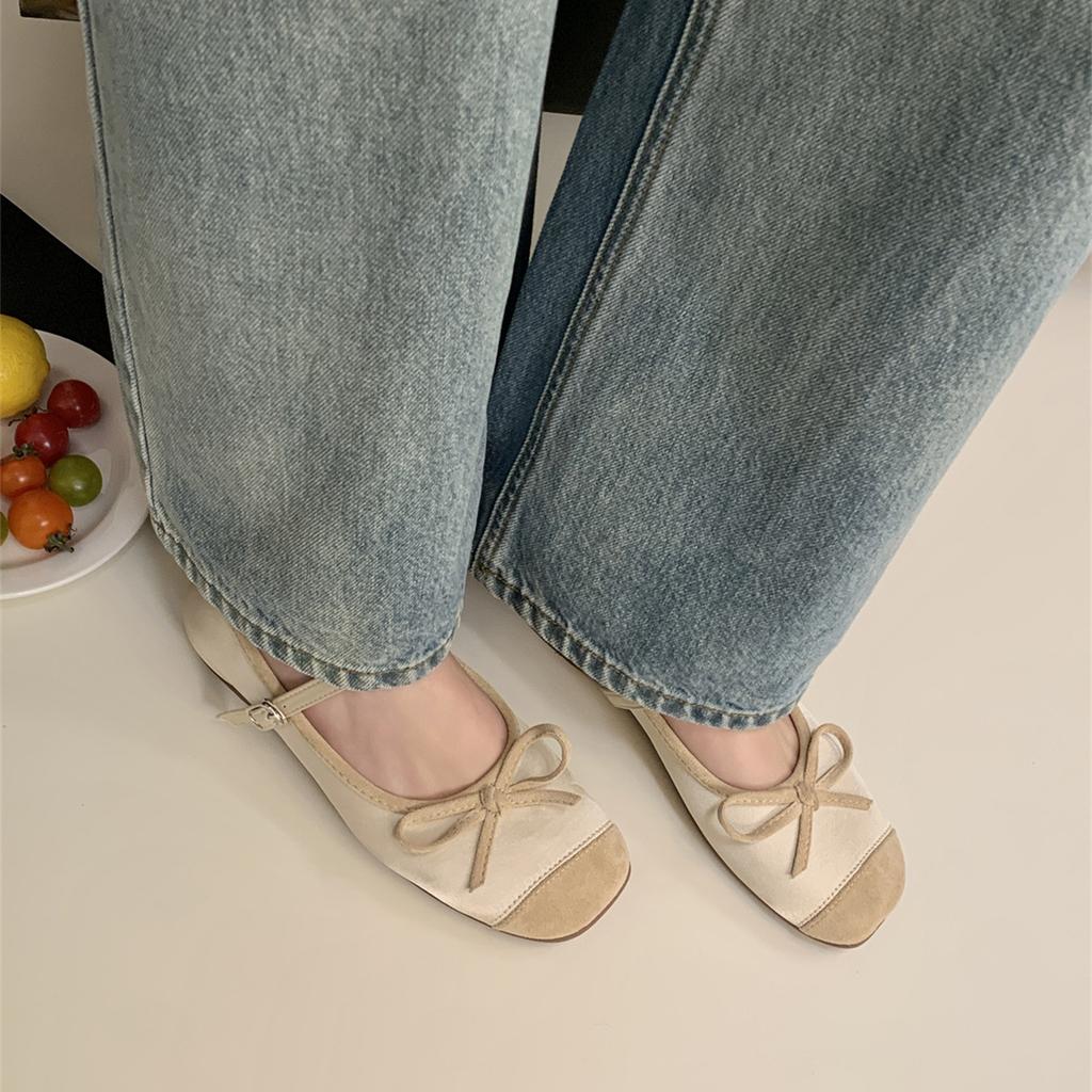Soft Cute Candy Color Inner Height Increase Round Head Splicing Bow Mary Jane Single Shoes Women's Shallow Mouth Grandma Shoes