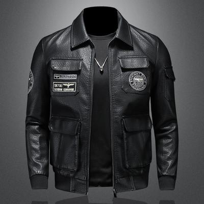 Frühling und Herbst Neue Pilotenlederjacke im Militärstil für Herren in großer Größe und schmaler Passform mit besticktem Revers