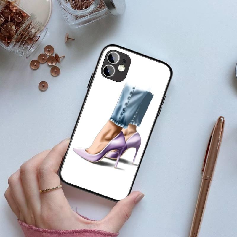 Fashion Girls High Heels Phone Case For IPhone 14 13 12 11 XS X 8 7 6 Plus Mini Pro Max SE 2022 Black PC TPU Glass Phone Cover