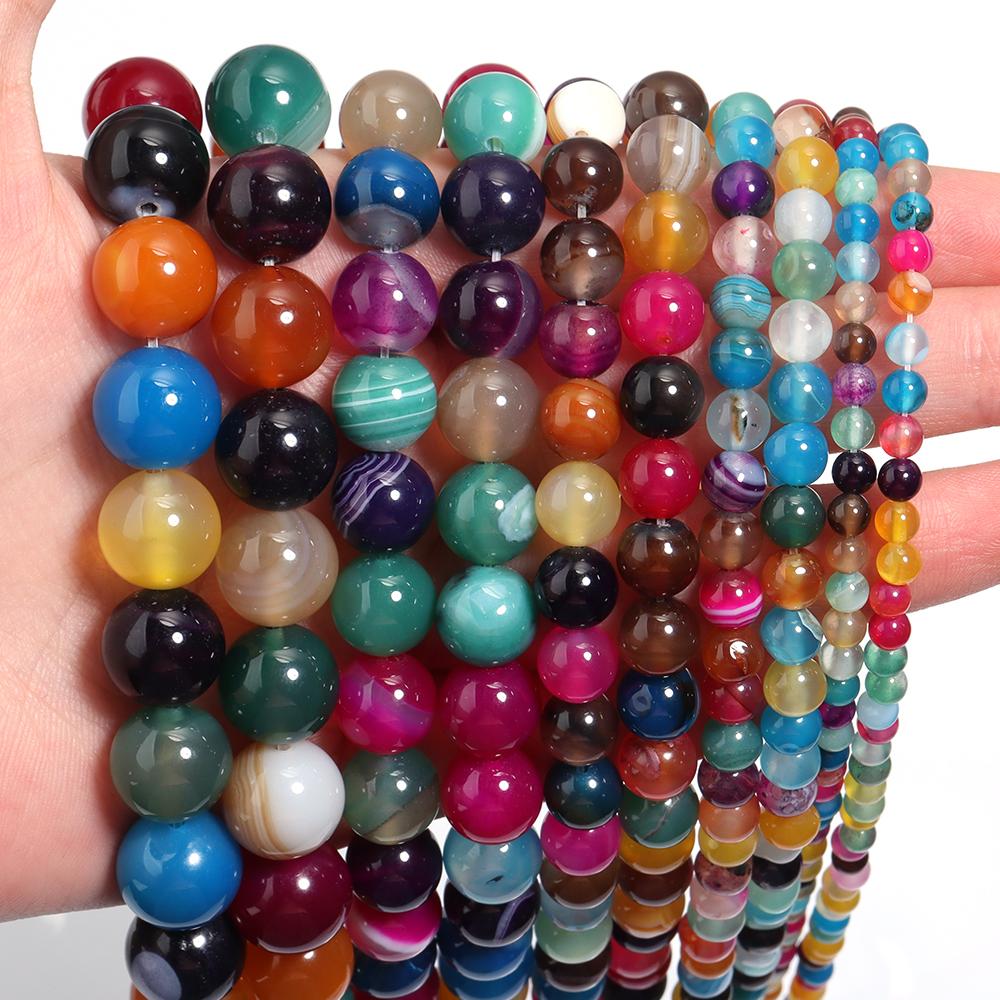 4 6 8 10 12mm Natural Agate Stone Beads Colorful Stripe Round Loose Beads For Jewelry Making DIY Bracelet Necklace Accessories