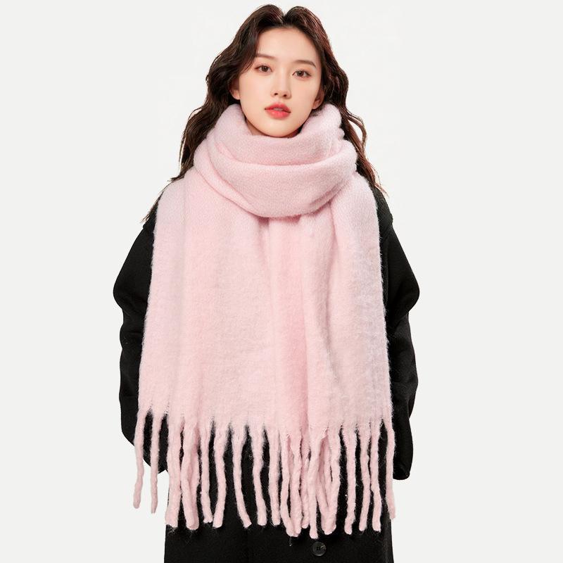 Winter New Mohair Women Scarf Girls Female Warm Thickened Solid Long Scarves Soft Coarse Braid Tassel Shawl Retro Wrap Shawls