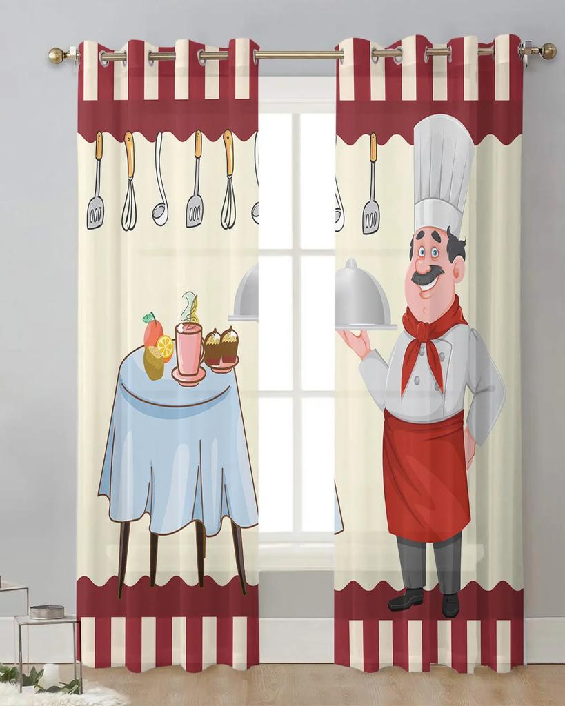 2Panels Chiffon Sheer Curtain Kitchen Curtain Kitchenware Chef Print Voile Tulle Cortinas for Kitchen LivingRoom Window Cortina