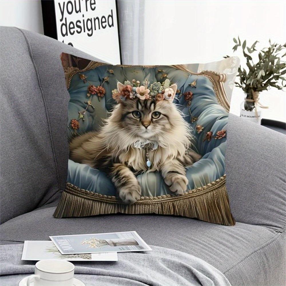 Regal Royal Cat Throw Pillow Cover, Victorian Longhair Cat With Flower Crown On Ornate Chair Decorative Pillow Case