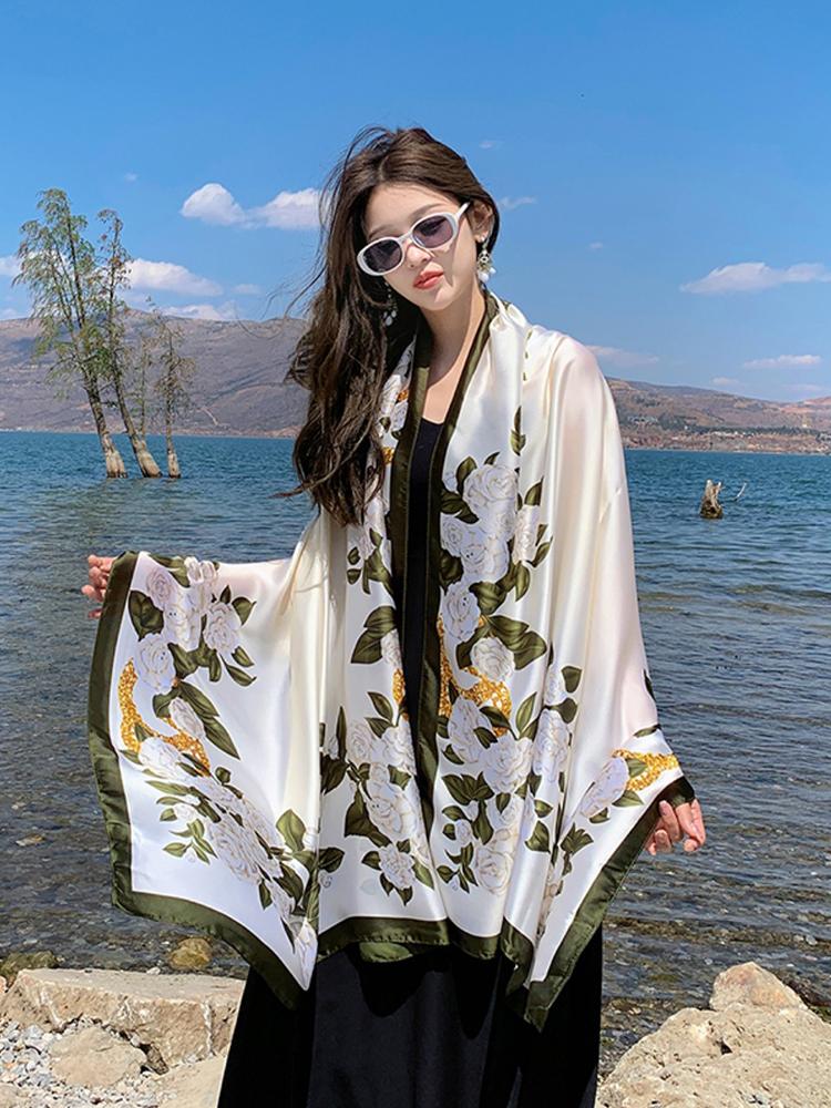 New Summer Luxury Elegant Women Silk Scarf Beach Long Wrap Shawls Satin Floral Print Bandana Hijab Mujer Scarves Pareo Foulard