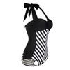 Elegante Costume da Bagno Nero con Scollo a V Profondo e Spalline Sottili Taglie Forti per Costumi da Bagno a Strisce Donna